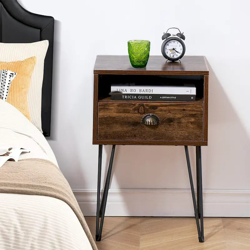 Table de chevet moderne avec tiroir, de style Mid-Century, et pieds épingles