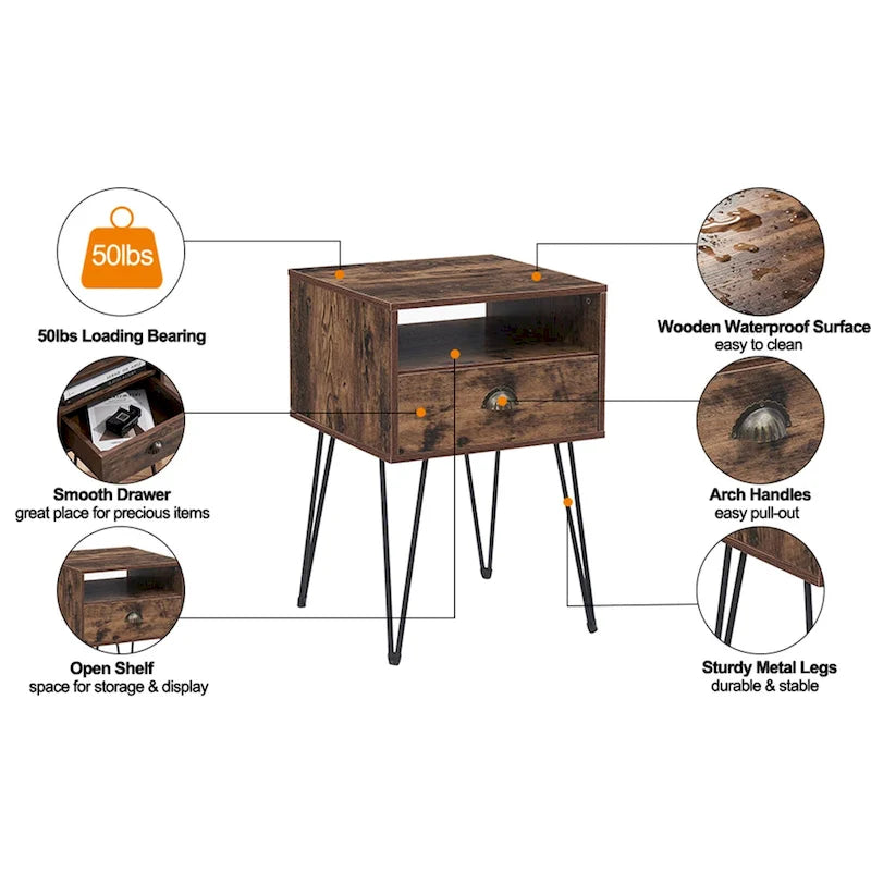 Table de chevet moderne avec tiroir, de style Mid-Century, et pieds épingles