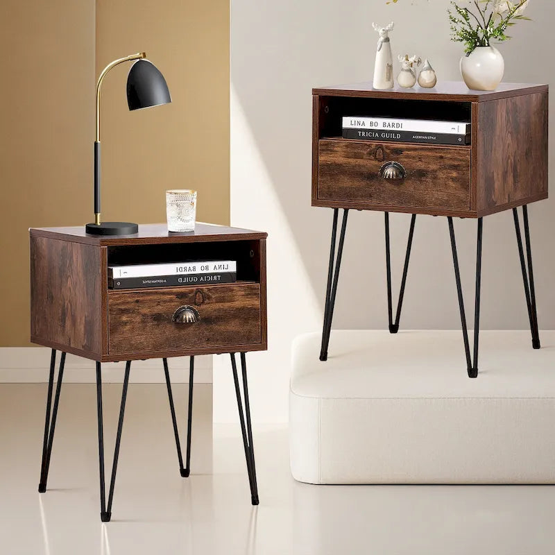 Table de chevet moderne avec tiroir, de style Mid-Century, et pieds épingles