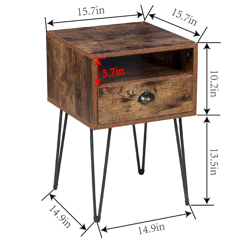 Table de chevet moderne avec tiroir, de style Mid-Century, et pieds épingles