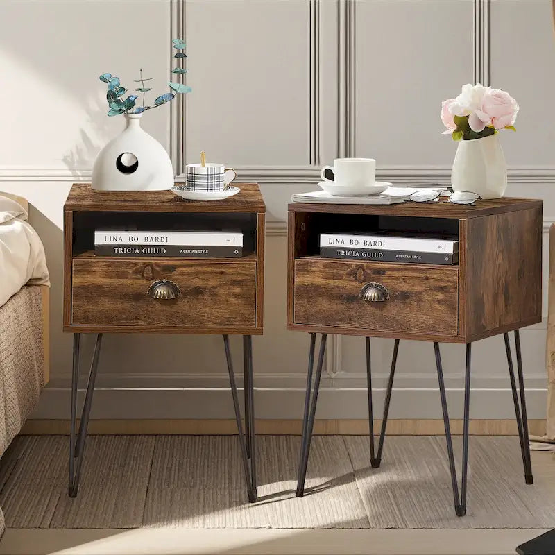 Table de chevet moderne avec tiroir, de style Mid-Century, et pieds épingles