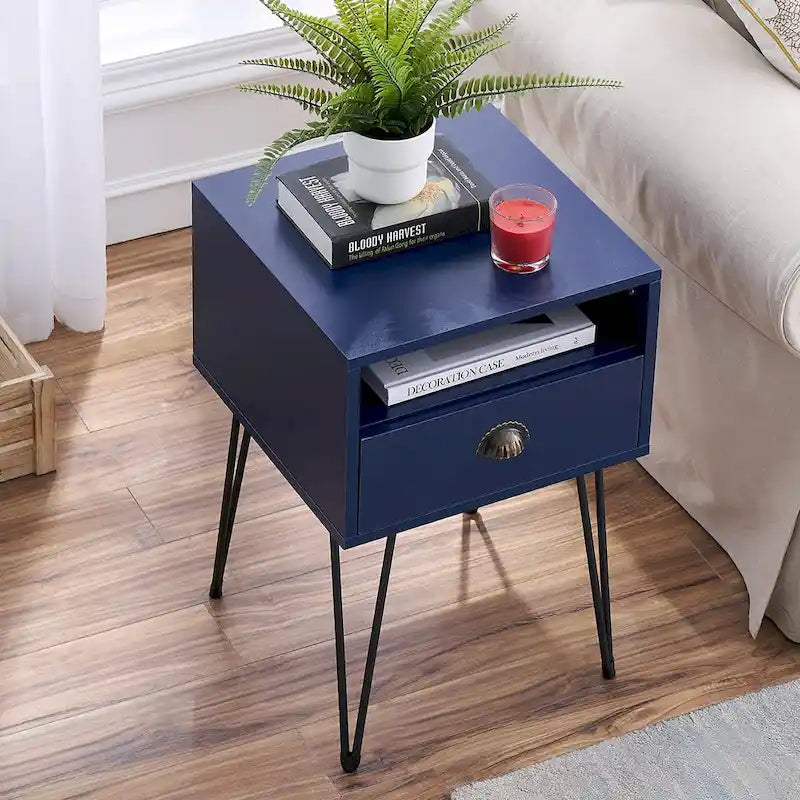 Table de chevet moderne avec tiroir, de style Mid-Century, et pieds épingles