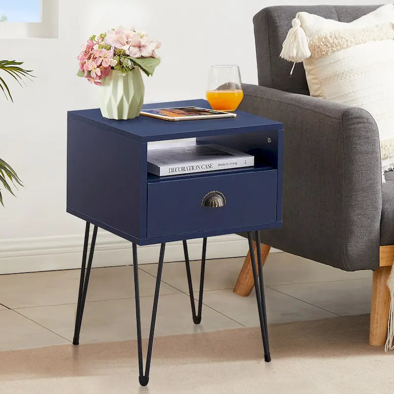 Table de chevet moderne avec tiroir, de style Mid-Century, et pieds épingles