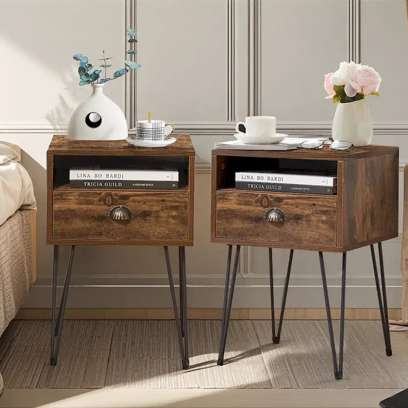 Table de chevet moderne avec tiroir, de style Mid-Century, et pieds épingles