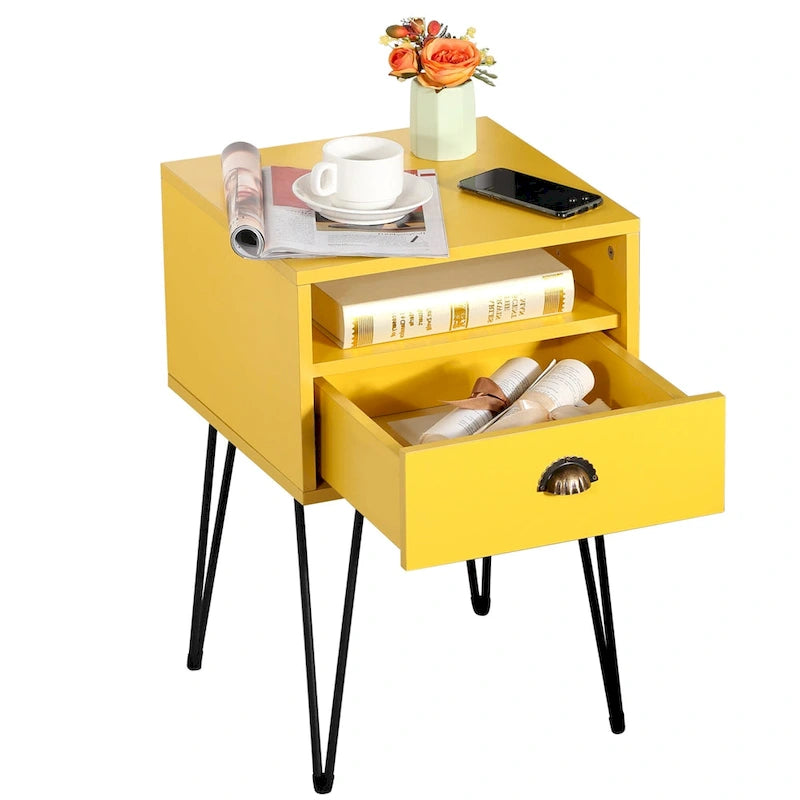 Table de chevet moderne avec tiroir, de style Mid-Century, et pieds épingles