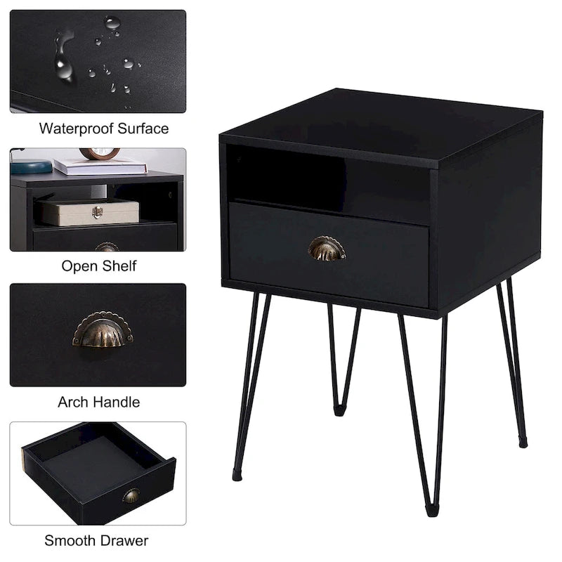 Table de chevet moderne avec tiroir, de style Mid-Century, et pieds épingles