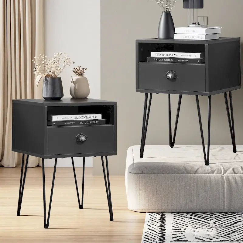 Table de chevet moderne avec tiroir, de style Mid-Century, et pieds épingles