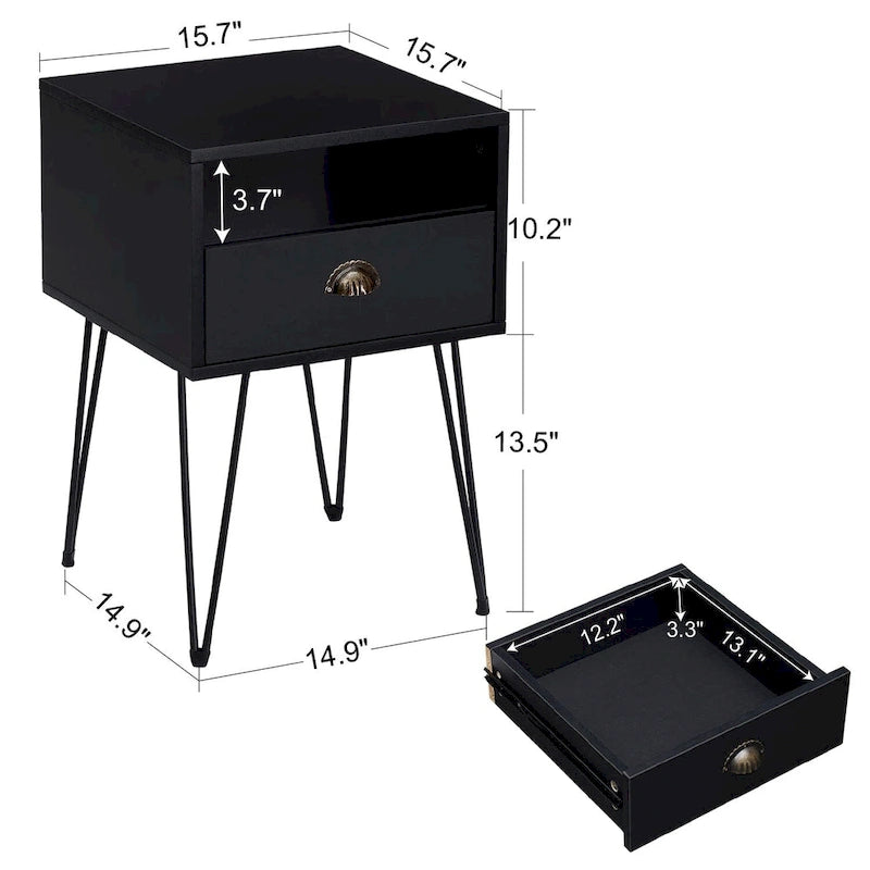 Table de chevet moderne avec tiroir, de style Mid-Century, et pieds épingles