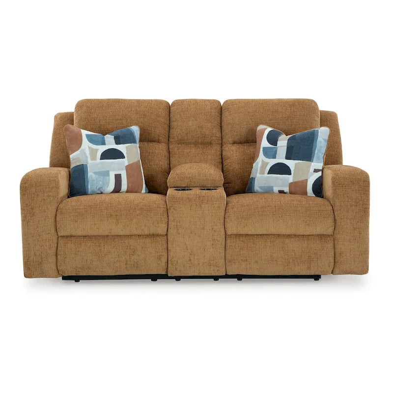 Causeuse inclinable double, polyester marron clair, 2 coussins