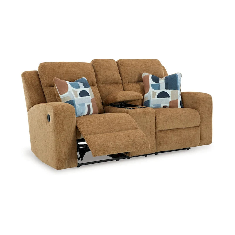 Causeuse inclinable double, polyester marron clair, 2 coussins