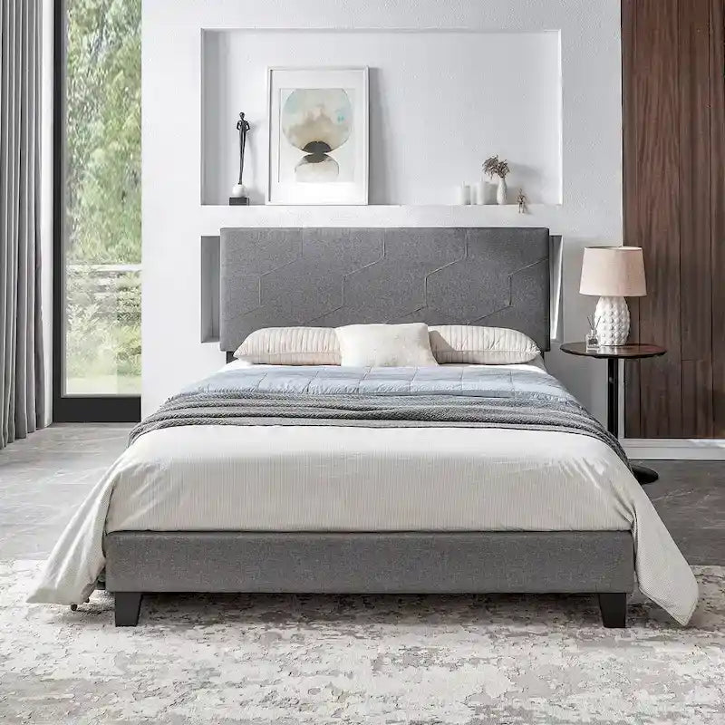 Queen Size Upholstered Platform Bed with Wood Slat Support for Bedroom
