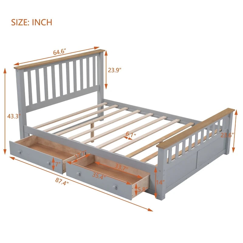 Lit plateforme Queen en bois avec tiroirs, tête de lit et pied de lit
