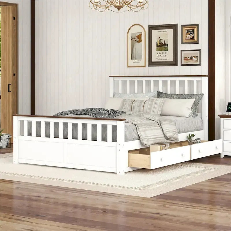 Lit plateforme Queen en bois avec tiroirs, tête de lit et pied de lit