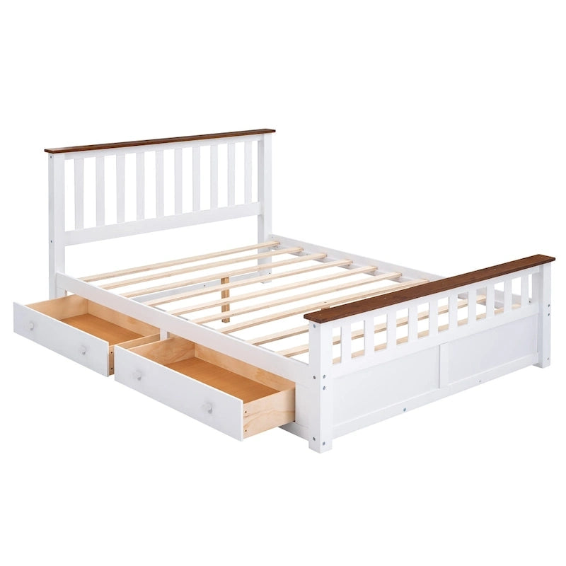Lit plateforme Queen en bois avec tiroirs, tête de lit et pied de lit