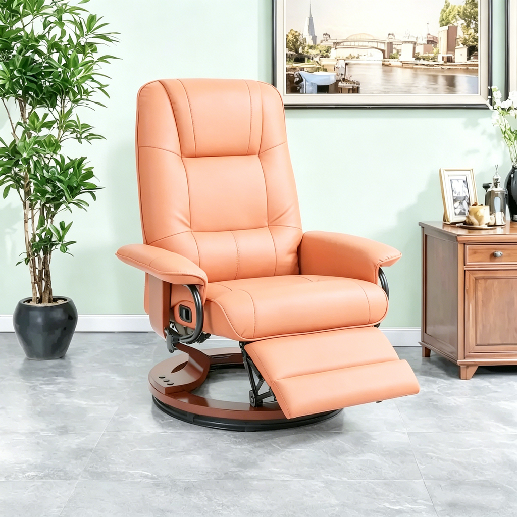 Fauteuil inclinable pivotant manuel avec repose-pieds, accoudoirs et base en bois fermée