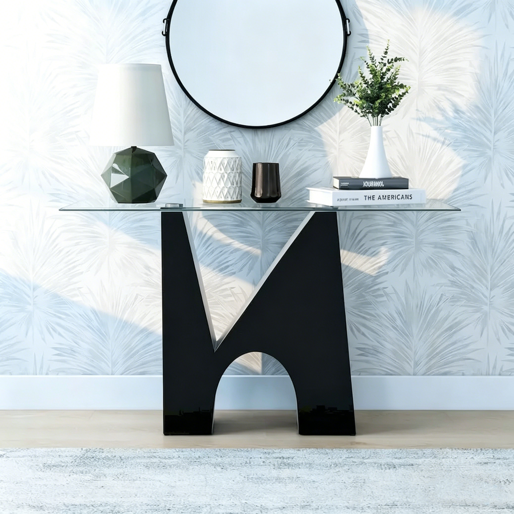 Console d'entrée moderne noire avec plateau en verre de 122 cm