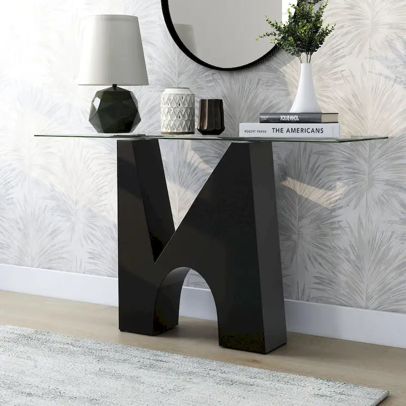 Console d'entrée moderne noire avec plateau en verre de 122 cm