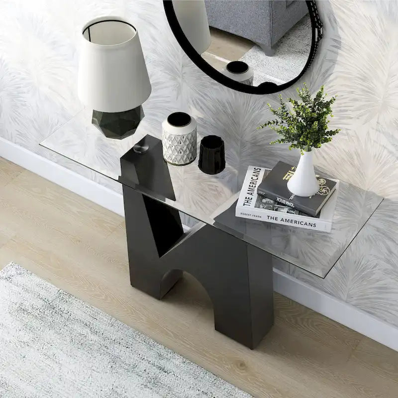 Console d'entrée moderne noire avec plateau en verre de 122 cm