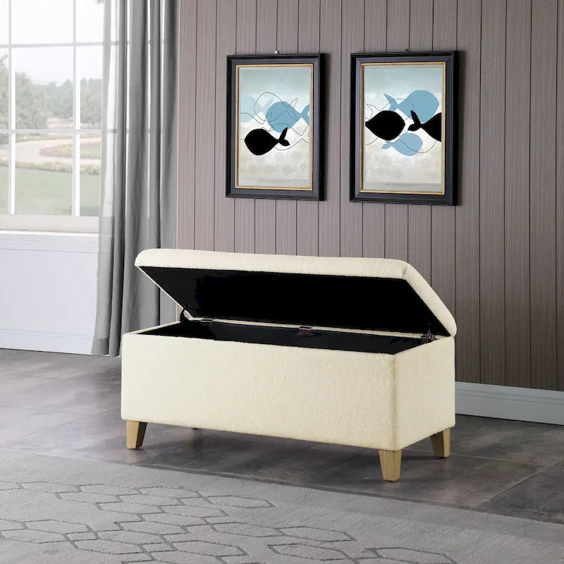Banc de rangement rembourré en similicuir d'agneau — Crème
