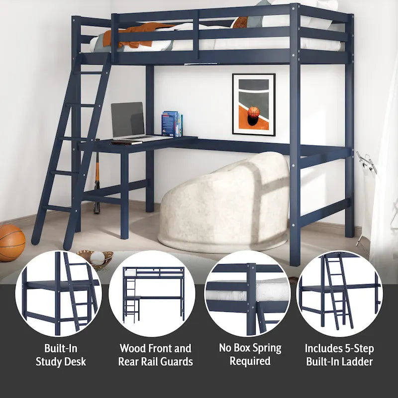 Lit mezzanine simple en bois (avec bureau)