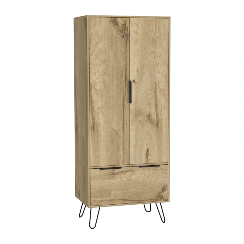 Armoire avec tringle à vêtements, tiroirs, pieds épingles et portes doubles