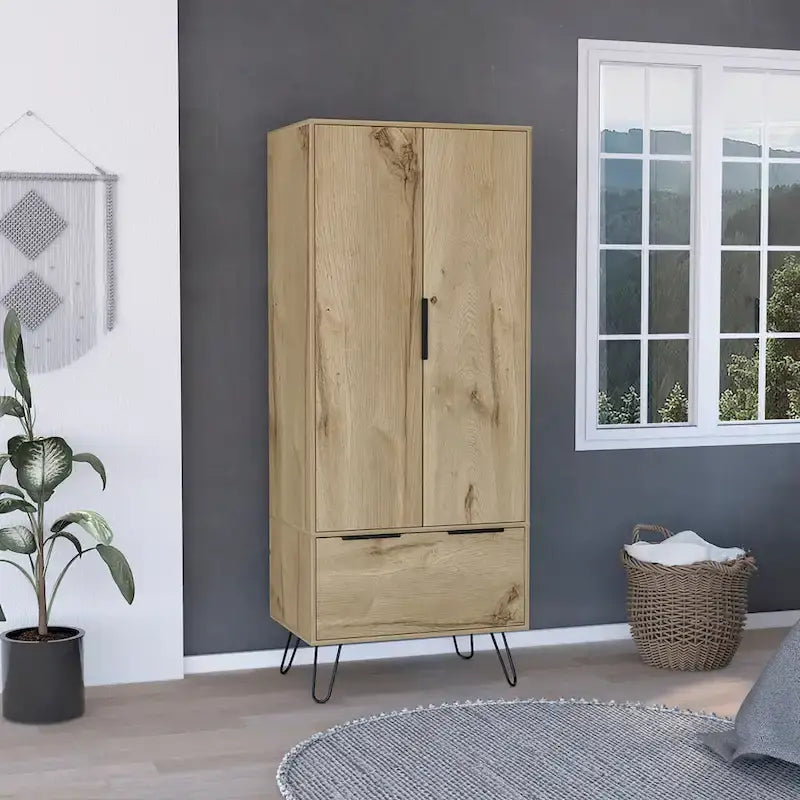 TUHOME Augusta Closet with Hanging Rod, Drawer, Hairpin Legs, and Double Door Cabinet - N/A