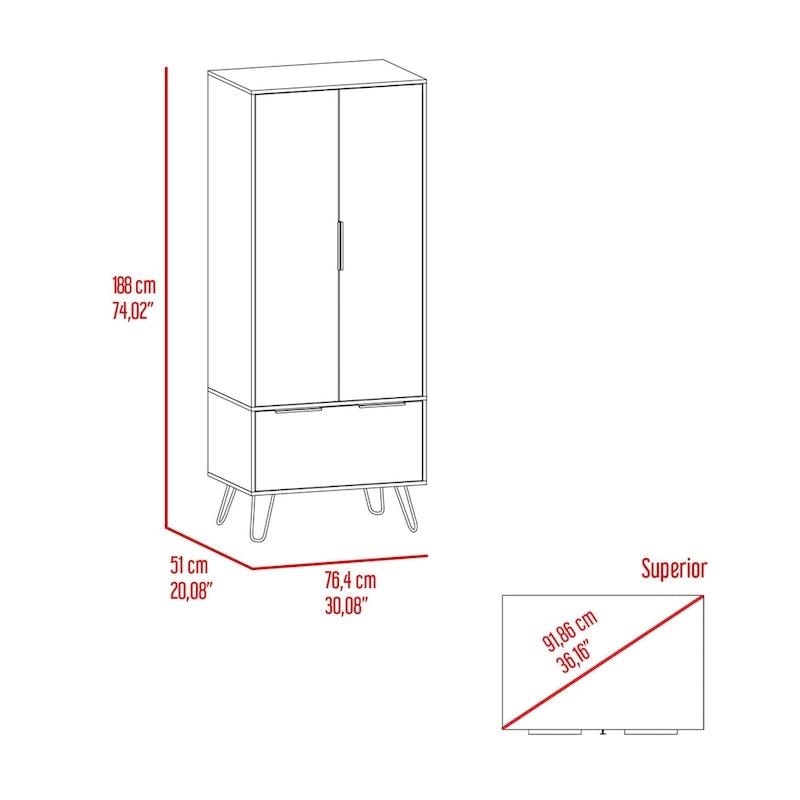 Armoire avec tringle à vêtements, tiroirs, pieds épingles et portes doubles