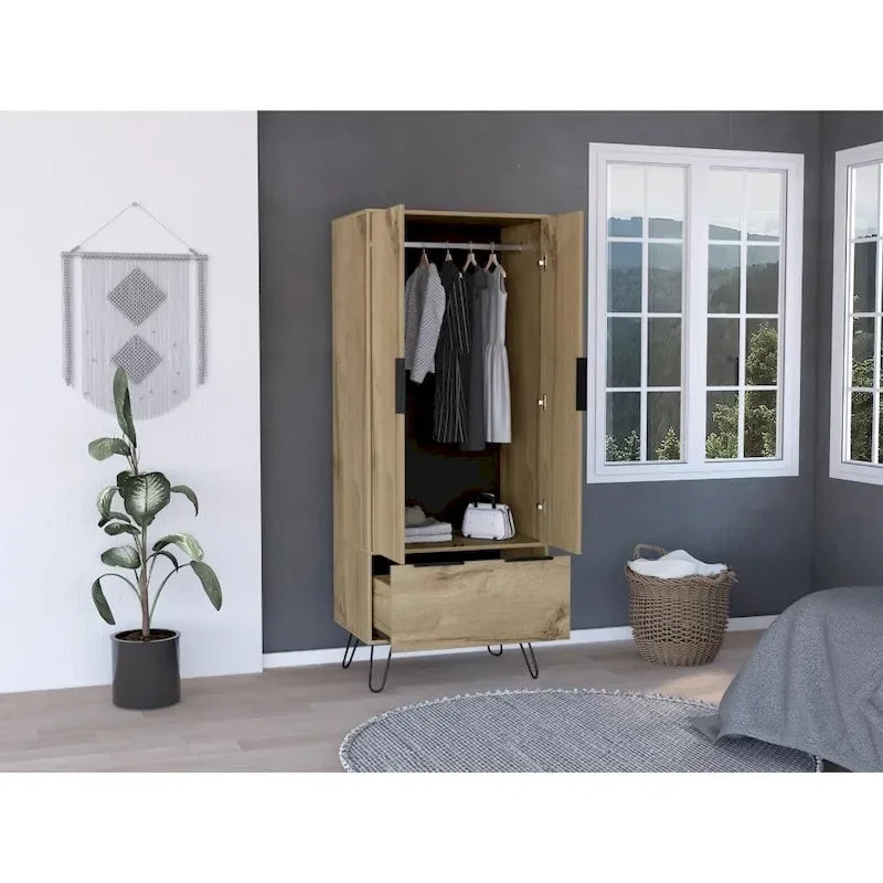 Armoire avec tringle à vêtements, tiroirs, pieds épingles et portes doubles