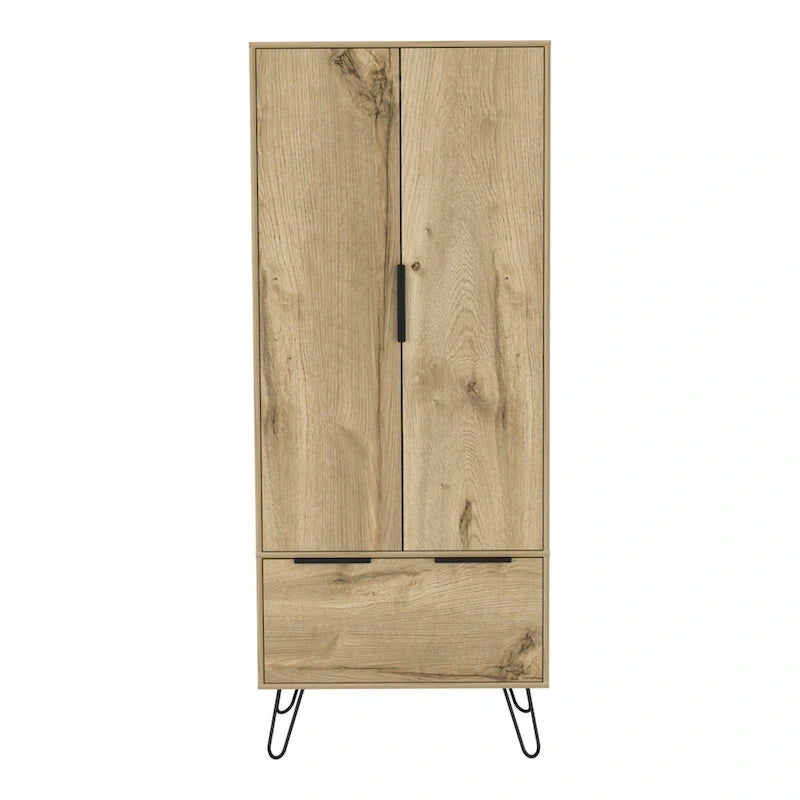 Armoire avec tringle à vêtements, tiroirs, pieds épingles et portes doubles