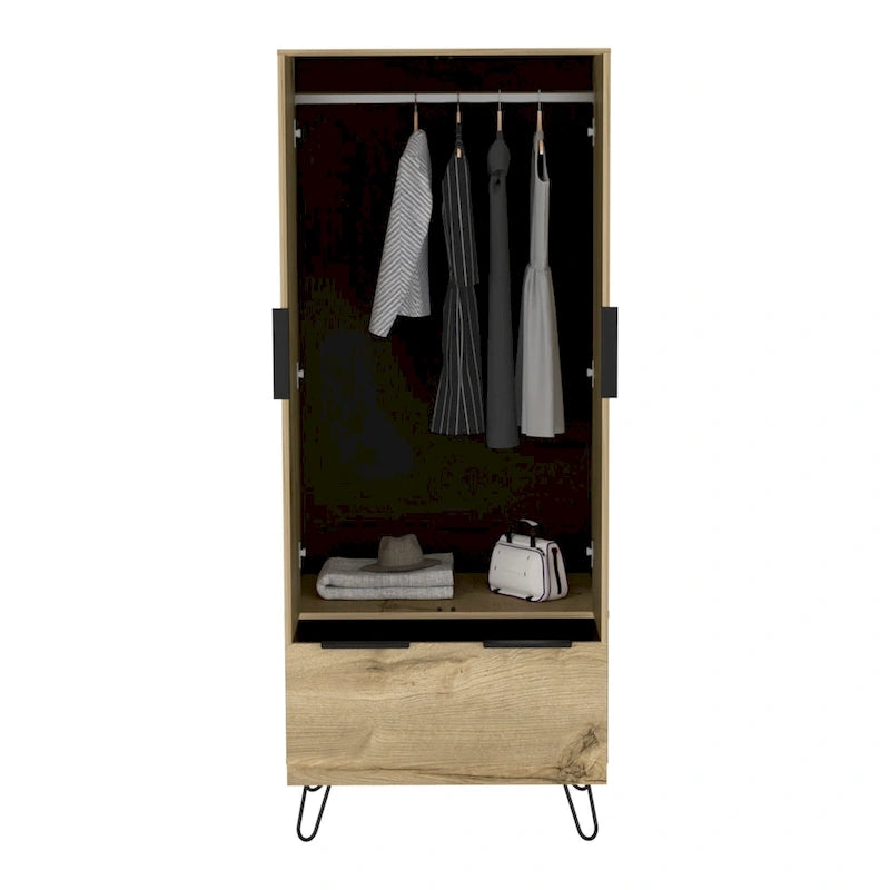 Armoire avec tringle à vêtements, tiroirs, pieds épingles et portes doubles