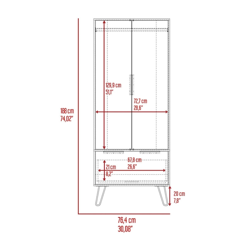 Armoire avec tringle à vêtements, tiroirs, pieds épingles et portes doubles
