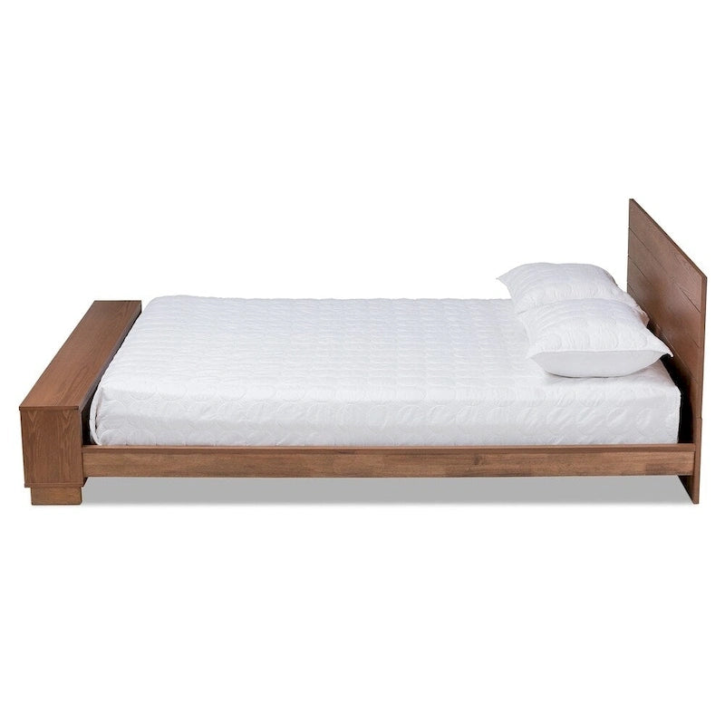 Lit plateforme en noyer gris avec étagère de rangement