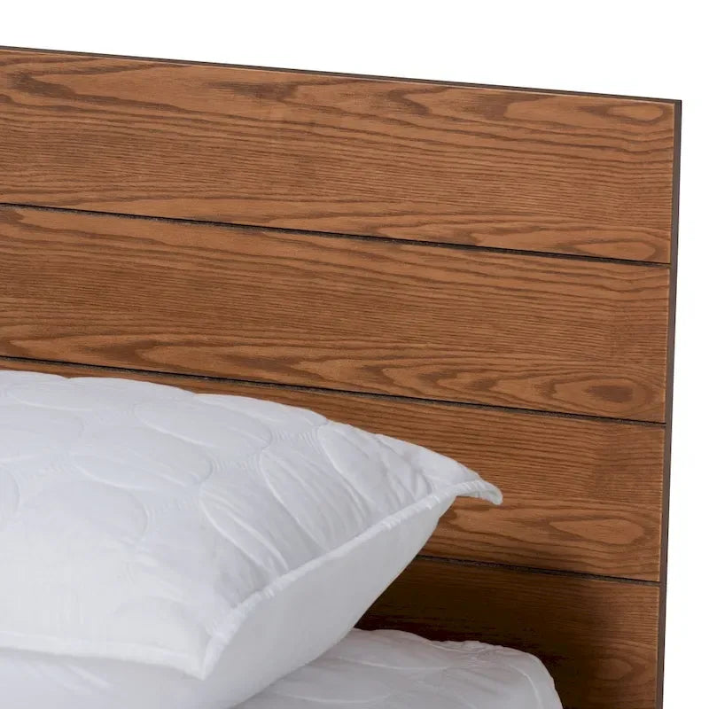 Lit plateforme en noyer gris avec étagère de rangement