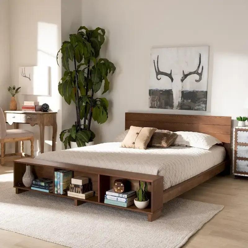 Lit plateforme en noyer gris avec étagère de rangement