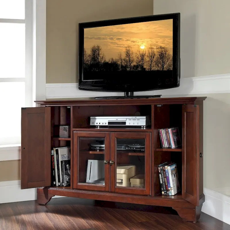 Meuble TV d'angle en bois massif, finition acajou vintage, 48 pouces