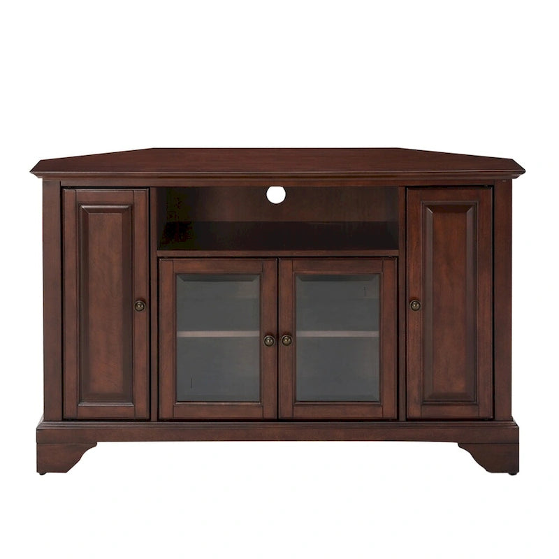 Meuble TV d'angle en bois massif, finition acajou vintage, 48 pouces