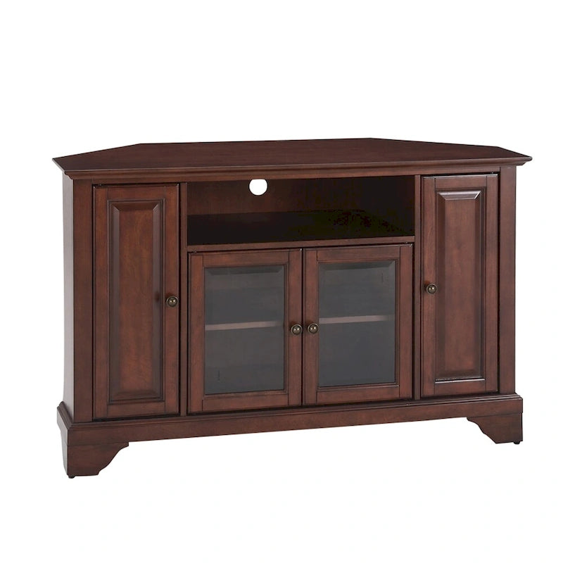 Meuble TV d'angle en bois massif, finition acajou vintage, 48 pouces
