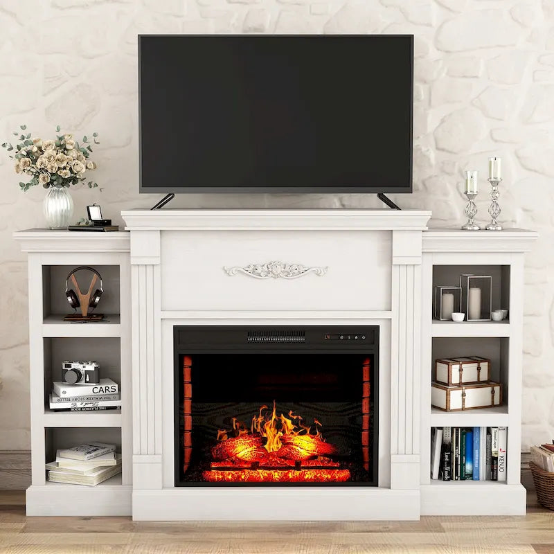 Meuble TV de cheminée classique en bois de 70 pouces avec cheminée électrique de 28 pouces