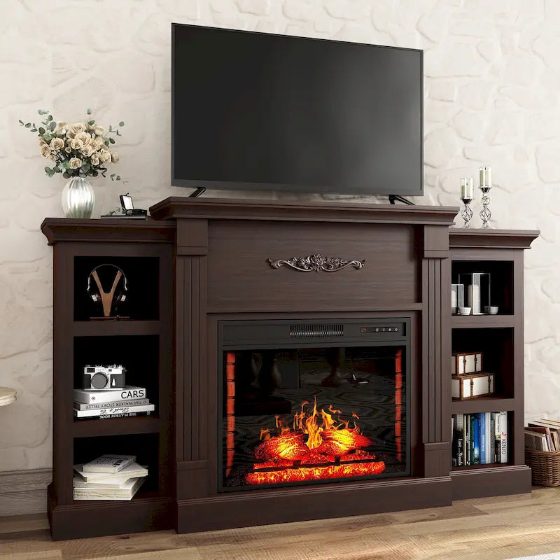 Meuble TV de cheminée classique en bois de 70 pouces avec cheminée électrique de 28 pouces