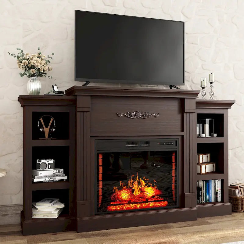 Meuble TV de cheminée classique en bois de 70 pouces avec cheminée électrique de 28 pouces