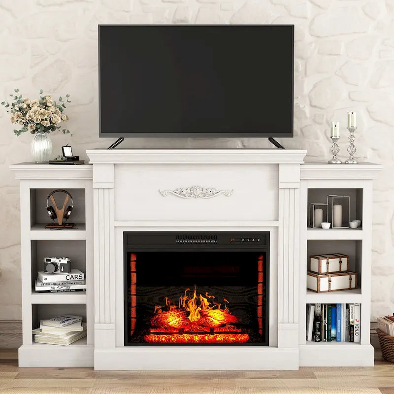 Meuble TV de cheminée classique en bois de 70 pouces avec cheminée électrique de 28 pouces