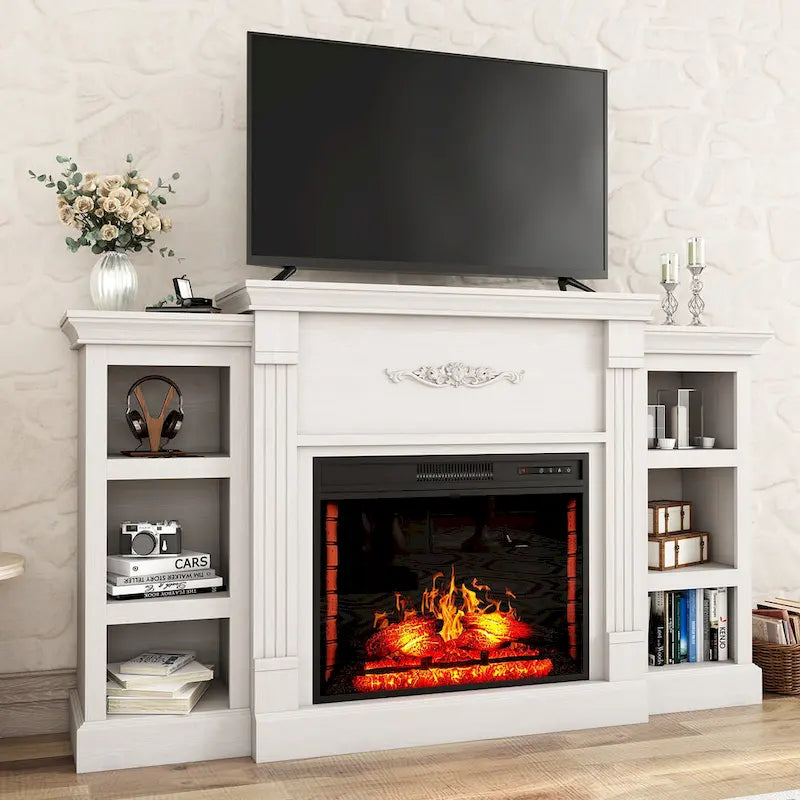 Meuble TV de cheminée classique en bois de 70 pouces avec cheminée électrique de 28 pouces