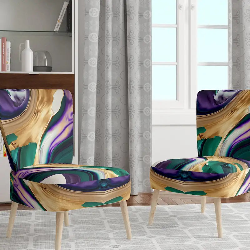 Lignes audacieuses en violet, vert et or : Chaise longue et fauteuil modernes rembourrés