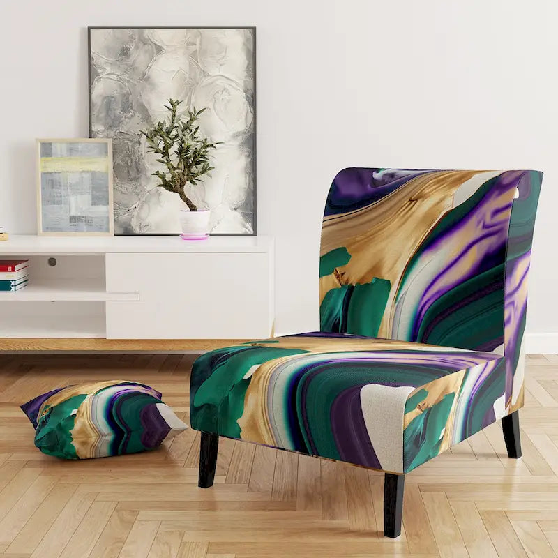 Lignes audacieuses en violet, vert et or : Chaise longue et fauteuil modernes rembourrés
