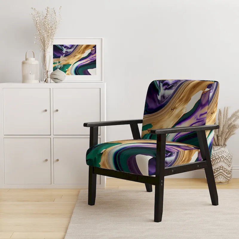 Lignes audacieuses en violet, vert et or : Chaise longue et fauteuil modernes rembourrés