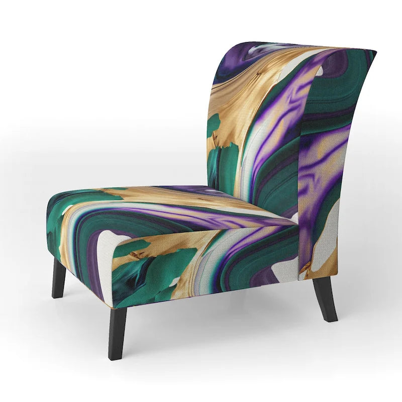 Lignes audacieuses en violet, vert et or : Chaise longue et fauteuil modernes rembourrés