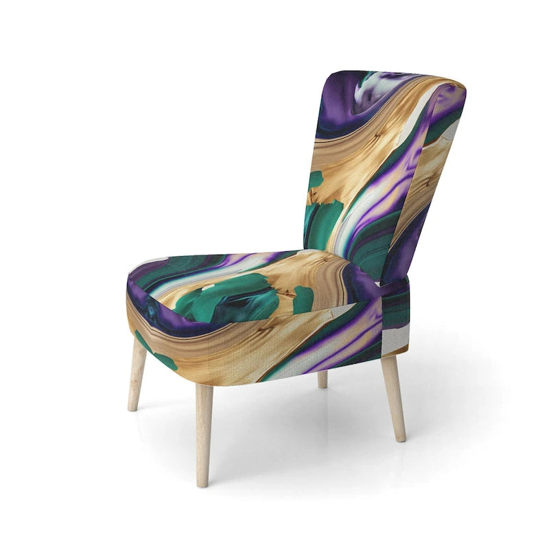 Lignes audacieuses en violet, vert et or : Chaise longue et fauteuil modernes rembourrés