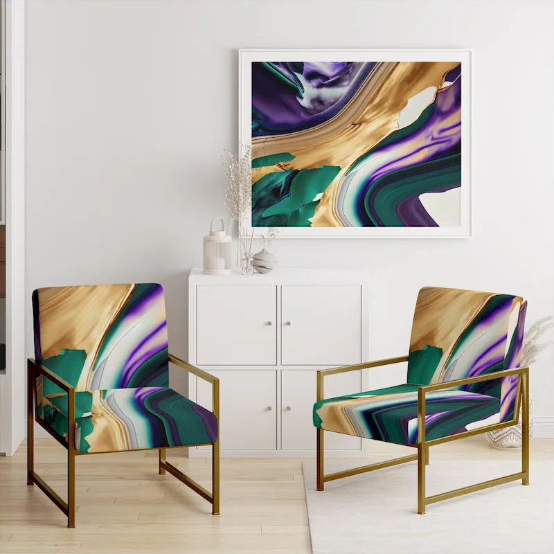 Lignes audacieuses en violet, vert et or : Chaise longue et fauteuil modernes rembourrés