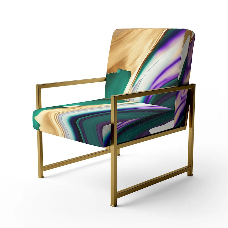 Lignes audacieuses en violet, vert et or : Chaise longue et fauteuil modernes rembourrés