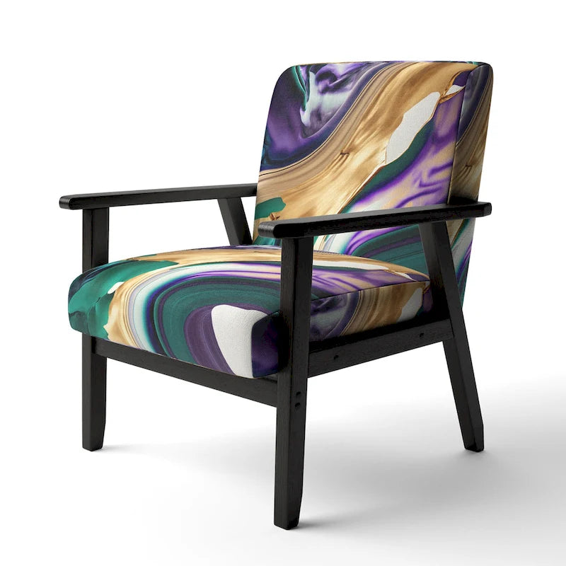 Lignes audacieuses en violet, vert et or : Chaise longue et fauteuil modernes rembourrés